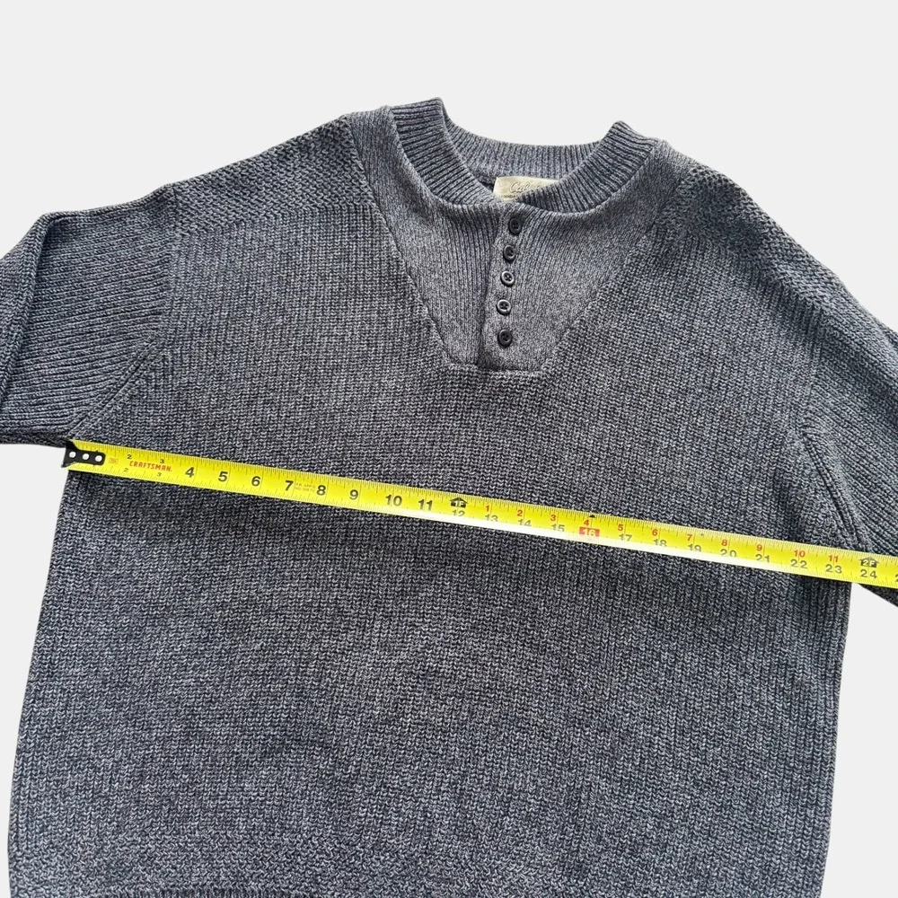 Cabelas Mens 2XL Grey Cotton Chunky Knit Henley Sweater Pullover‎ fisherman